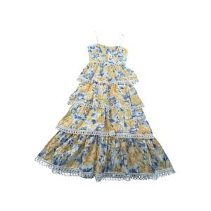 Beulah Style Floral Tiered Maxi Dress Womens Small Yellow Blue Cottagecore